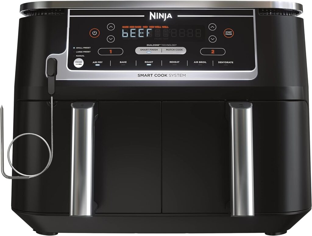 Ninja Air Fryer, Thermometer, Roast, Bake, Air Fry, Crisps, Broil, Reheats, Keep Warm, 10-in-1, Fries, Frozen Food, Veggies, and Meat, Quick Meals, Healthy Meals, Less Oil, 10 QT, Grey, DZ550 Ninja Air Fryer, Thermometer, Roast, Bake, Air Fry, Crisps, Broil, Reheats, Keep Warm, 10-in-1, Fries, Frozen Food, Veggies, and Meat, Quick Meals, Healthy Meals, Less Oil, 10 QT, Grey, DZ550